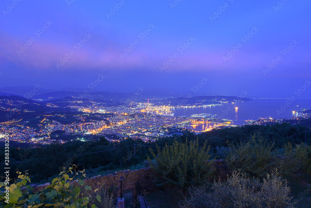 View at night from a mountain of La Spezia Gulf