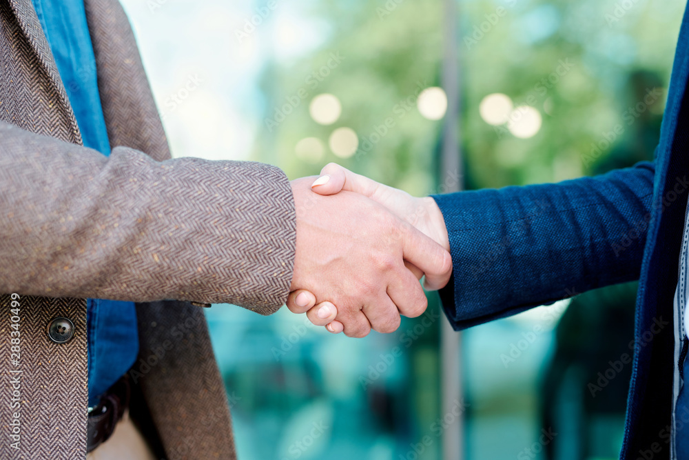 Handshake of young successful business partners after making deal or negotiating