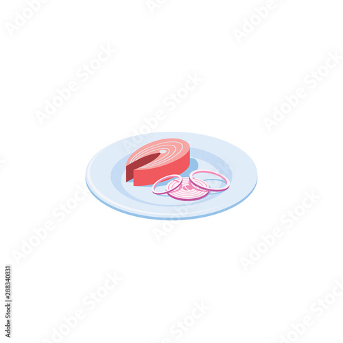 Fish with onions on a plate. Vector 3d isometric, color web icons set, new flat style. Creative illustration design, idea for infographics.