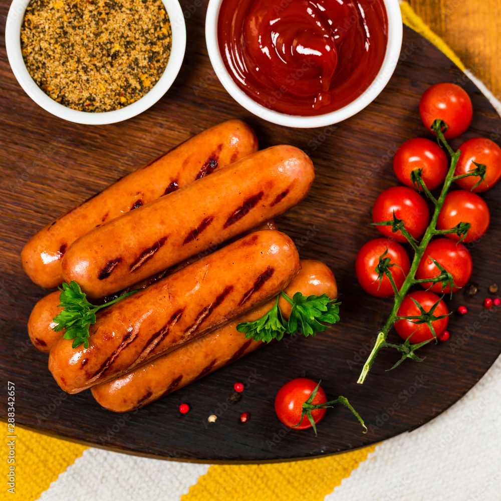 Grilled Smoked Knackwurst Bratwurst Sausages. Selective focus. Grilled Smoked Knackwurst Bratwurst Sausages. Selective focus.