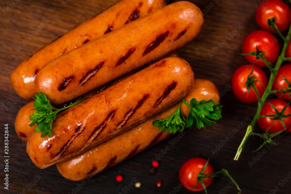 Grilled Smoked Knackwurst Bratwurst Sausages. Selective focus. Grilled Smoked Knackwurst Bratwurst Sausages. Selective focus.