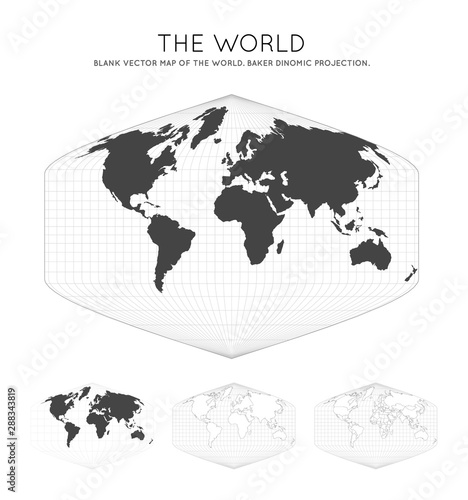 Map of The World. Baker Dinomic projection. Globe with latitude and longitude lines. World map on meridians and parallels background. Vector illustration.
