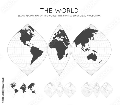 Map of The World. Interrupted sinusoidal projection. Globe with latitude and longitude lines. World map on meridians and parallels background. Vector illustration.