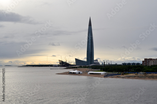 Saint Petersburg waterfront skyline at sunset