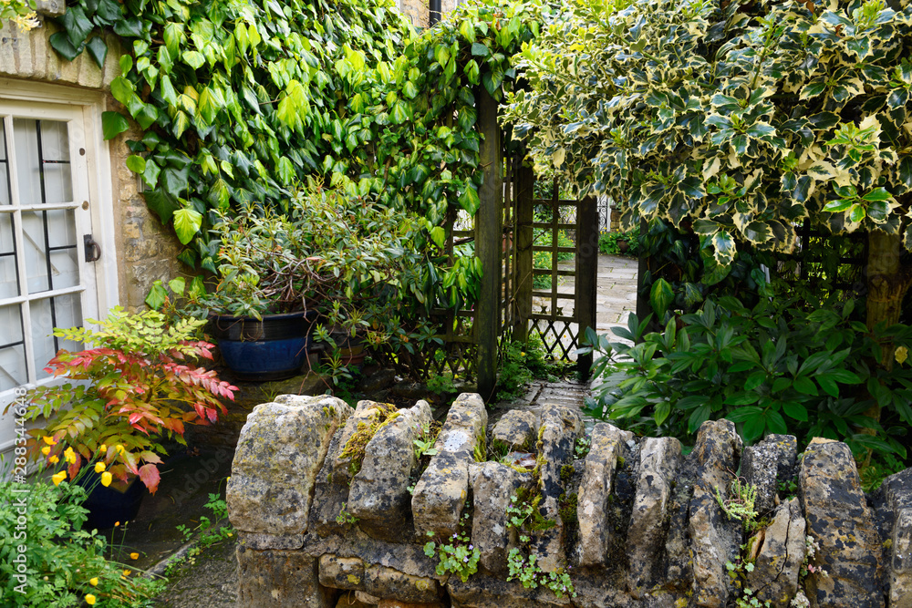 Residential garden and patio with wet plants after a rain shower in Bouton-on-the-water in the Cotswolds England