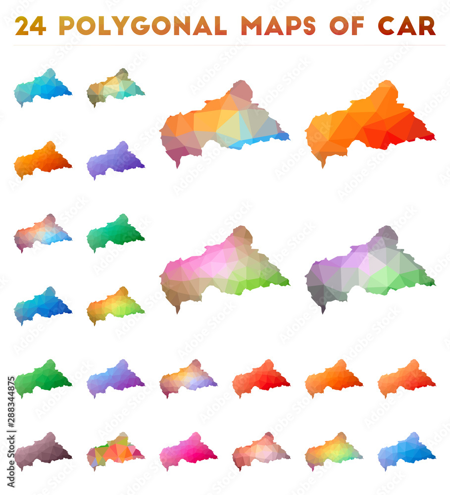 Set of vector polygonal maps of CAR. Bright gradient map of country in low poly style. Multicolored CAR map in geometric style for your infographics.