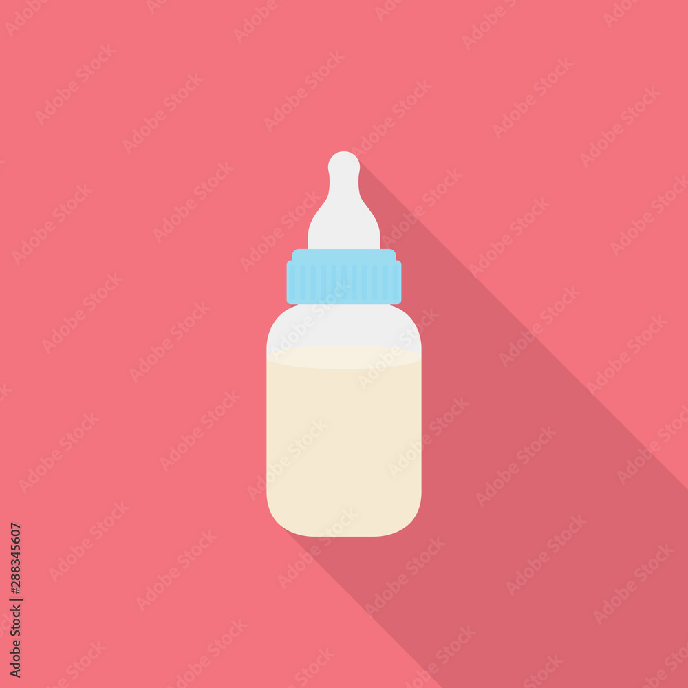 Baby milk bottle icon with long shadow on pink background, flat design style Baby milk bottle icon with long shadow on pink background, flat design style