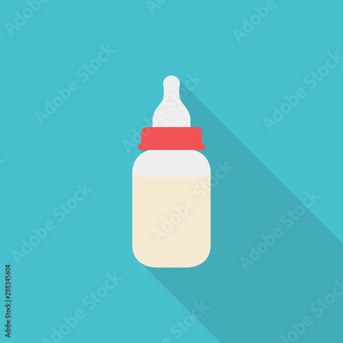 Baby milk bottle icon with long shadow on blue background, flat design style