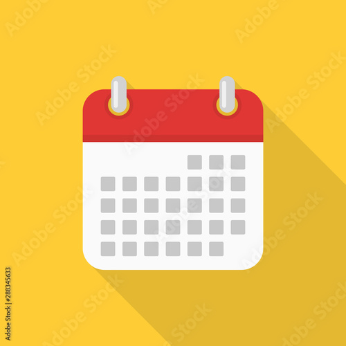 Calendar icon with long shadow on yellow background, flat design style