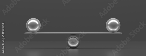 Silver balls balanced on a scale beam, black background, banner. 3d illustration