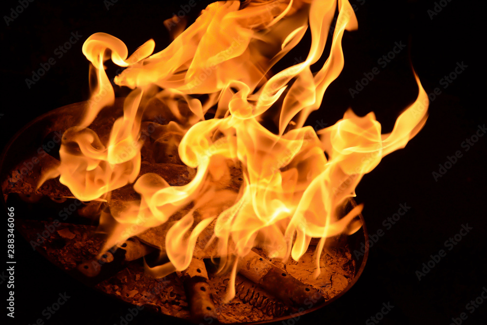 Fire flame on a black background. Burning passion, phenomenon of
