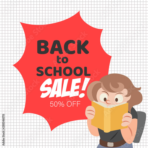 Sale banner Back To School with school girl reading book on checkered background flat vector illustration art