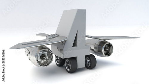 3D illustration of number 4 with wings and wheels
