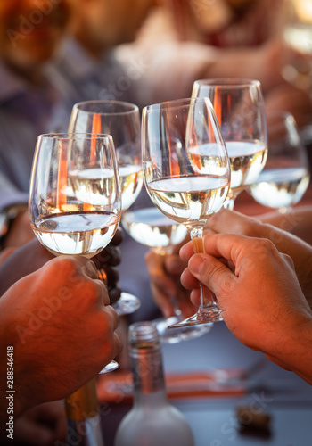 Wine white in drinks served for a friendly party in a bar or a restaurant
