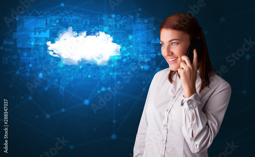 Person talking on the phone with blue cloud technology concept