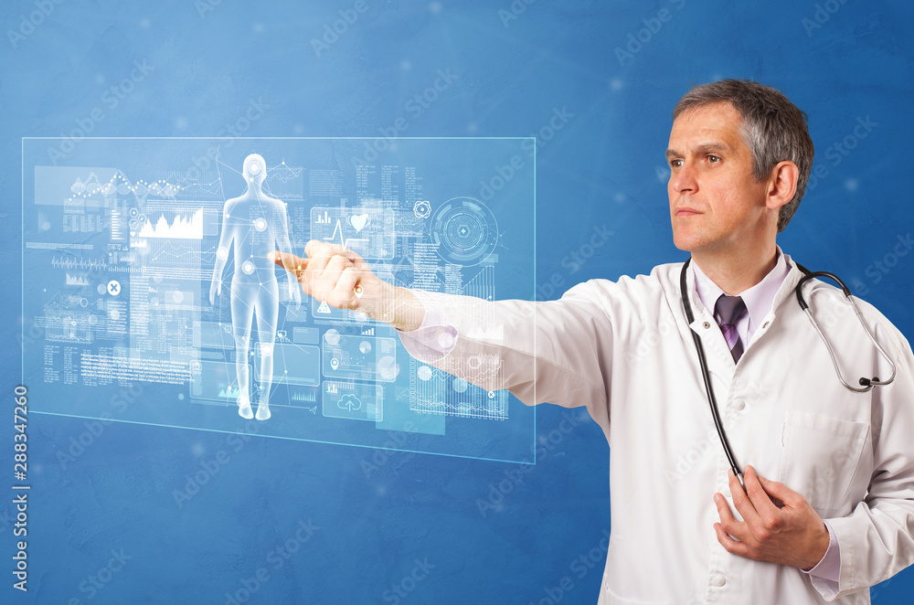 Doctor touching blue screen with full body analyze concept Doctor touching blue screen with full body analyze concept