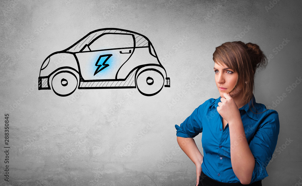 Formal person thinking about electric car concept Formal person thinking about electric car concept
