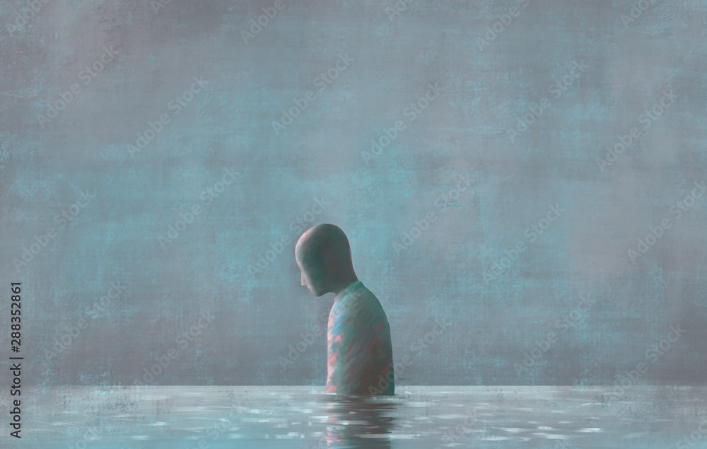 Fototapeta Lonely Human with water reflection, emotion, sadness loneliness, depression, mental health, fantasy painting, surreal illustration