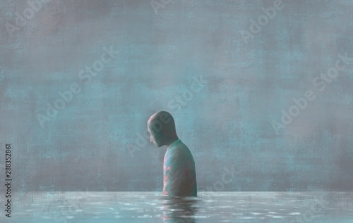 Lonely Human with water reflection, emotion, sadness  loneliness, depression, mental health, fantasy painting, surreal illustration photo