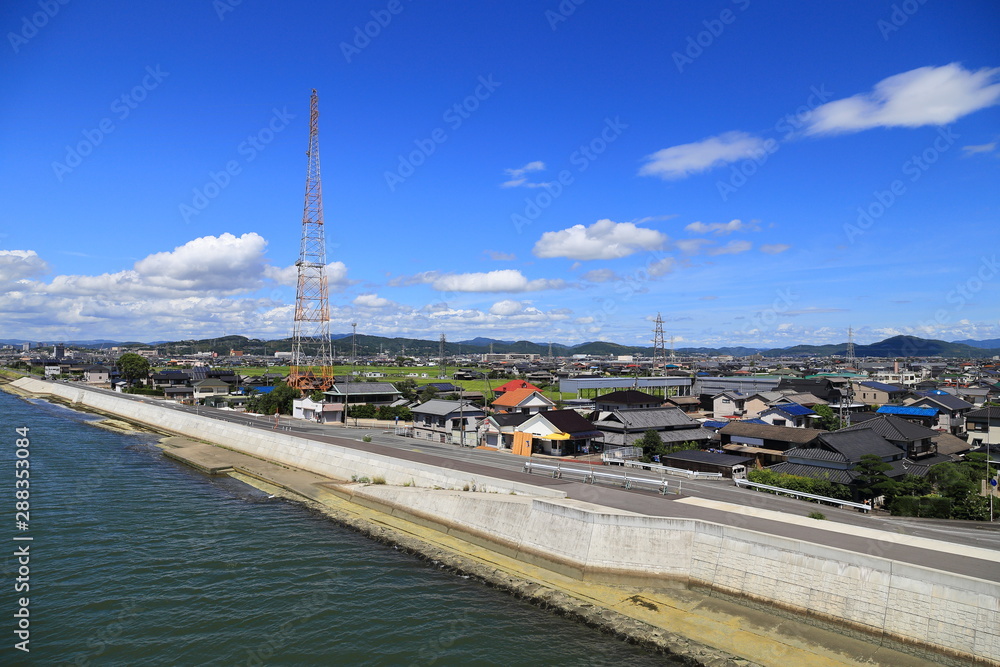 Okayama city along Asahi river, Japan