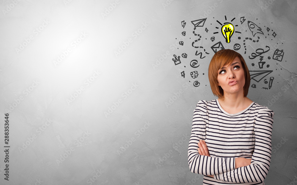 Business person looking for new idea with grey copy space Business person looking for new idea with grey copy space