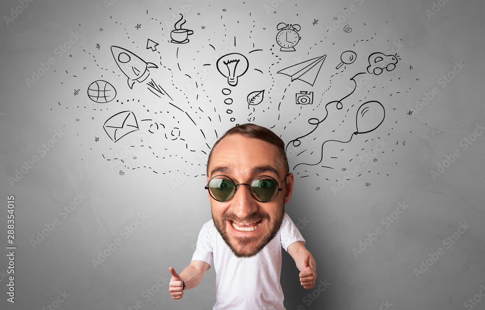Full big head on small body with icons and symbols around Full big head on small body with icons and symbols around