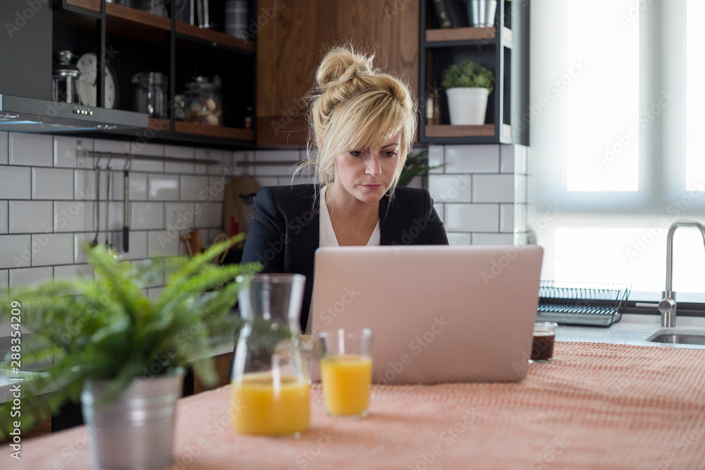 Focused young woman working on small business start up with a laptop. Focused young woman working on small business start up with a laptop.