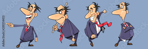set of different poses of cartoon active man in suit with tie
