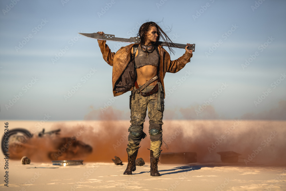 Naklejka premium Post-apocalyptic Woman Outdoors in a Wasteland