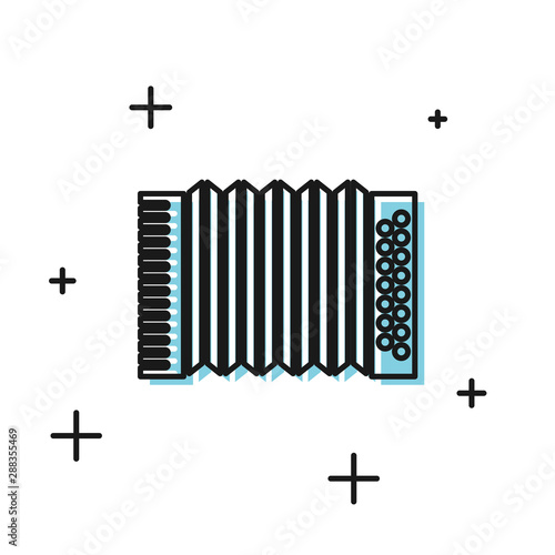 Black Musical instrument accordion icon isolated on white background. Classical bayan, harmonic. Vector Illustration