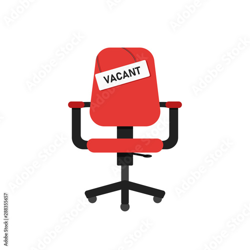 Red chair vacant. Business recruiting concept. Red isolated chair with signboard vacant.