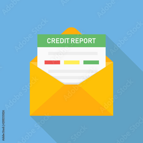 Credit report in letter isolated with shadow on blue background. Credit rating history report. Vector illustration flat design. Financial report vector icon.