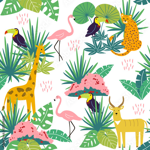 Seamless pattern with giraffe, antilopa, toucan, and tropical landscape. Creative jungle childish texture. Great for fabric, textile. Vector Illustration.