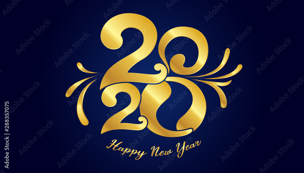 Vector Happy New Year 2020 with gold text and number design isolated on black background. Vector Happy New Year 2020 with gold text and number design isolated on black background.