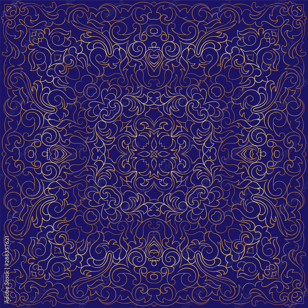Blue handkerchief with gold pattern. Square ornament for print on fabric, vector illustration.