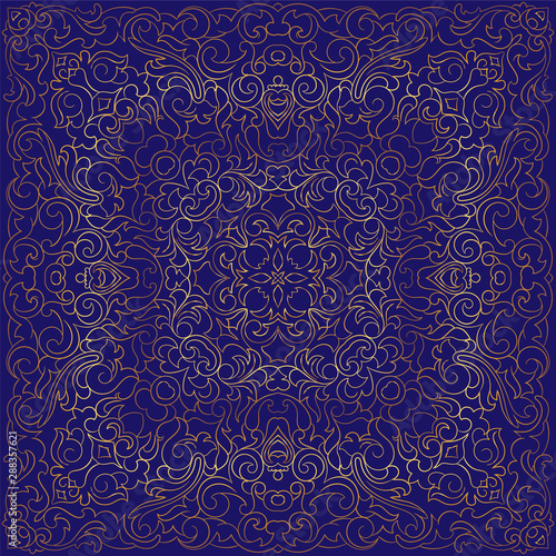 Blue handkerchief with gold pattern. Square ornament for print on fabric, vector illustration.