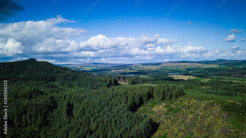 drone image over scottish forests
