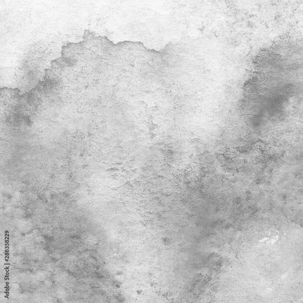 Fototapeta premium Silver watercolor background on white paper. Paint leaks and ombre effects. 