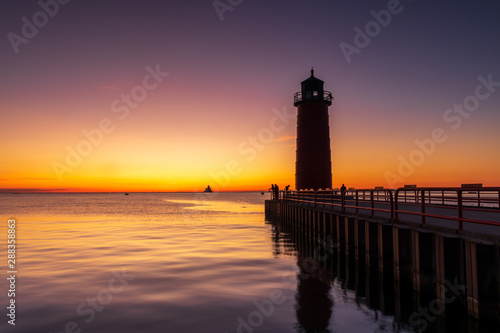 Lighthouse on Lake Michigan in Milwaukee, WI at sunrise