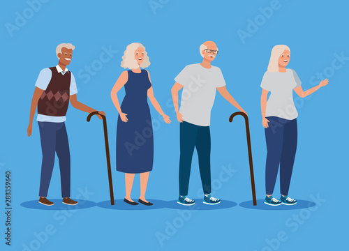 set of old women and men with walking stick