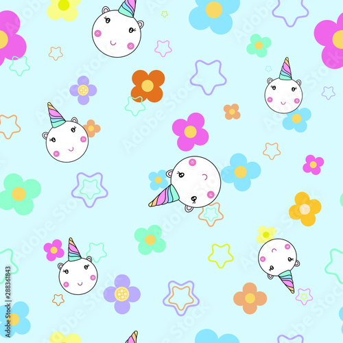 cute unicorn vector wallpaper and little star and colorful flowers