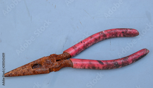 Rusty needle nose pliers with red moldy handle