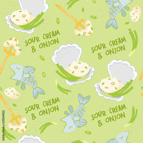 Sour cream, onion and seafood elements seamless pattern isolated on pastel background : Vector Illustration