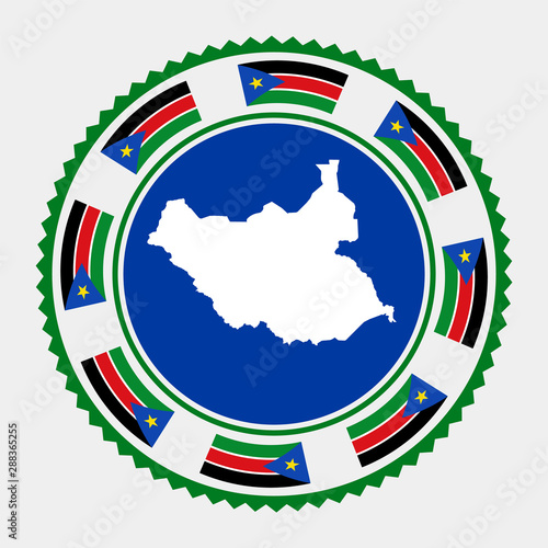 South Sudan flat stamp. Round logo with map and flag of South Sudan. Vector illustration.