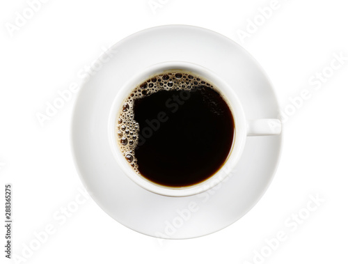 Black Coffee in white ceramic cup isolated on a white Background. Top view