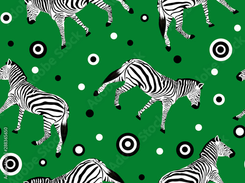 Seamless pattern with zebras on a green background.