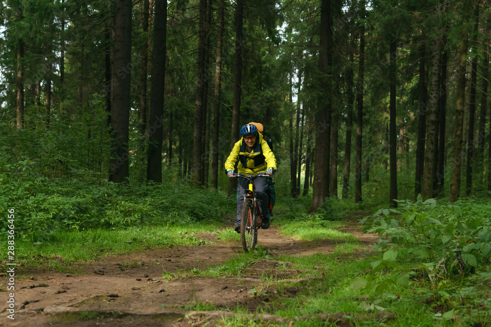 Fototapeta premium bikepacker in the autumn forest