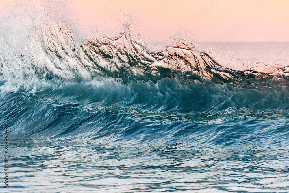 A close up of an ocean wave building up before crashing into the beach shore near the Pacific Coast Highway. During sunset, the background has high pink, purple, and red colors for a dramatic sunset. 