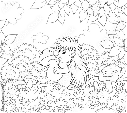 Friendly smiling spiny hedgehog holding a big mushroom on a pretty glade of a forest, black and white vector illustration in a cartoon style for a coloring book