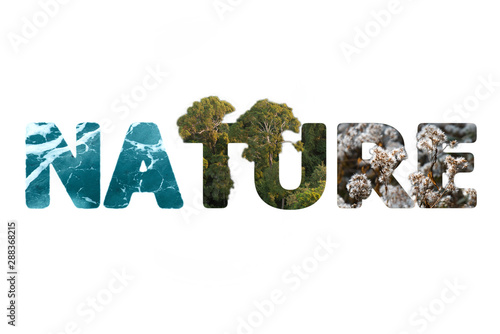 Creative nature word written using water, green forests and flowers . Artistic natural font